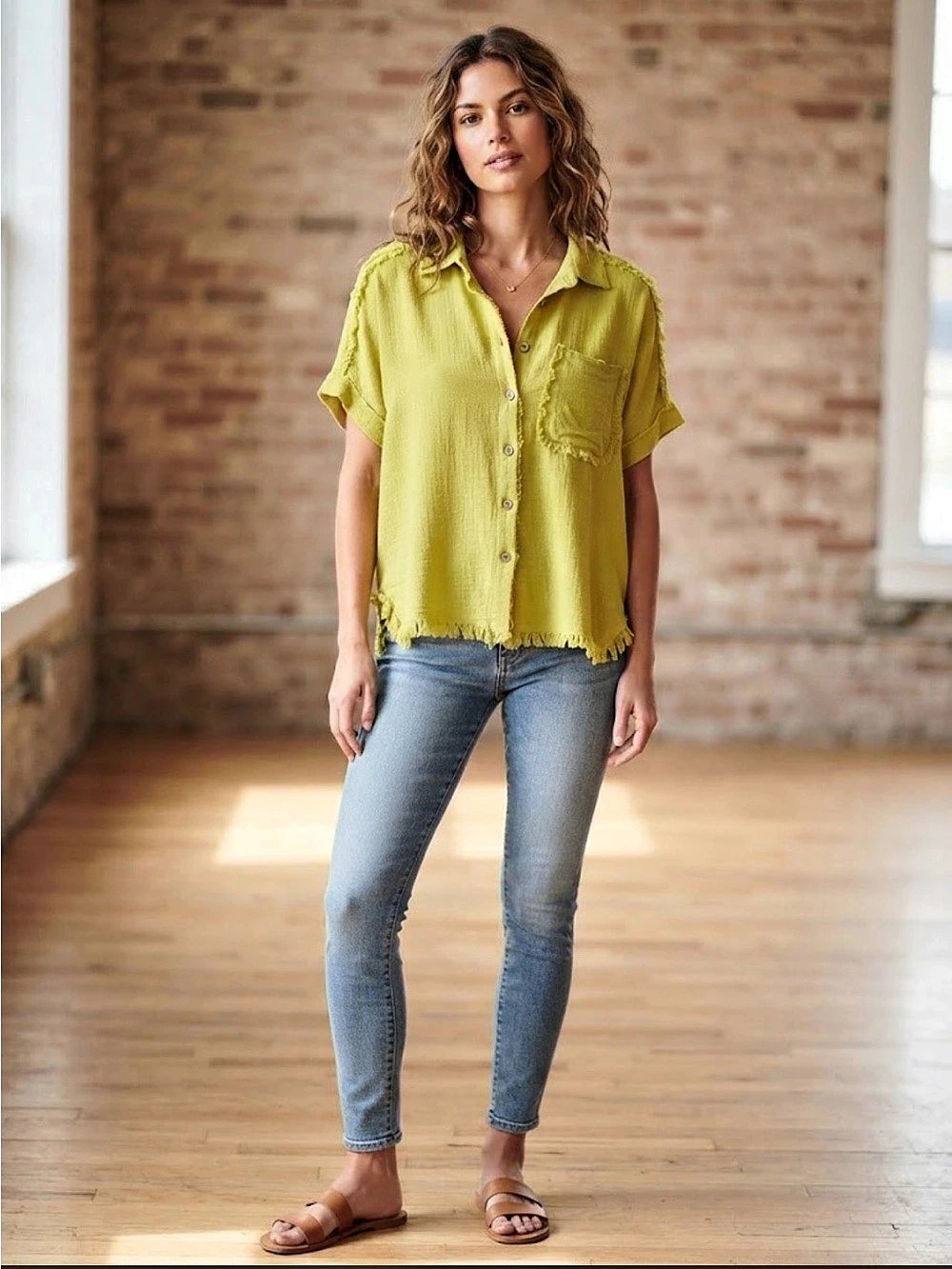 Gigio Washed Double Gauze Raw Edge Short Sleeve Shirt Yellow